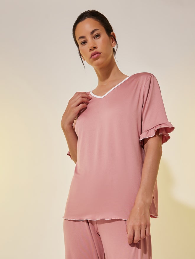 Take Two Take Two Solid V Neck Ruffled Top and Joggers Set - Image 2