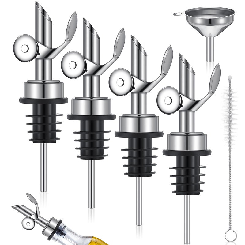 Tioncy 4 Pieces Weighted Stainless Steel Pourers Olive Oil Spout Olive Oil Dispenser Spout Automatic Opening and Closing with Funnel and Brush for Pouring Wine Syrup KitchenSilver