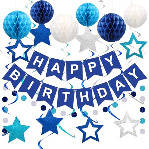 meowtastic Birthday Decorations Happy Birthday Banner with Honeycomb Balls Stars Hanging Swirl Streamers Circle Dots Garland Happy Birthday Party Decorations for Women Men Boys Girls Blue - Image 1