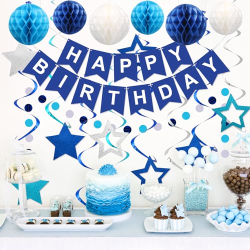 meowtastic Birthday Decorations Happy Birthday Banner with Honeycomb Balls Stars Hanging Swirl Streamers Circle Dots Garland Happy Birthday Party Decorations for Women Men Boys Girls Blue - Image 5