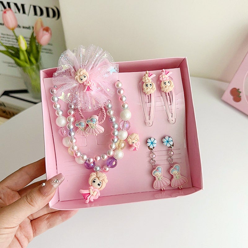 Generic Kids Jewelry Set Princess Necklace Earrings Ring Gift Box F8129-10# pink princess nine-piece boxed