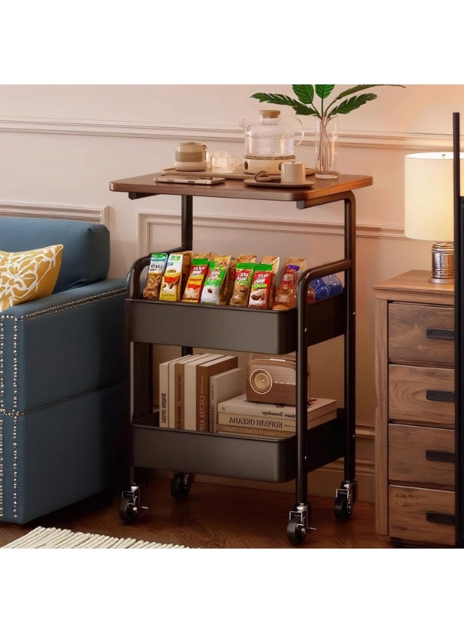 ULHYC 3-Tier Metal Utility Rolling Cart with Drawer & Wooden Table Top，with Fixed Wheel Locks,for Small Spaces Kitchen Storage，Office Bookshelves, Bedroom Racks, and Bathroom Storage. (Black) - Image 5