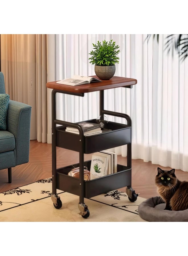 ULHYC 3-Tier Metal Utility Rolling Cart with Drawer & Wooden Table Top，with Fixed Wheel Locks,for Small Spaces Kitchen Storage，Office Bookshelves, Bedroom Racks, and Bathroom Storage. (Black) - Image 3