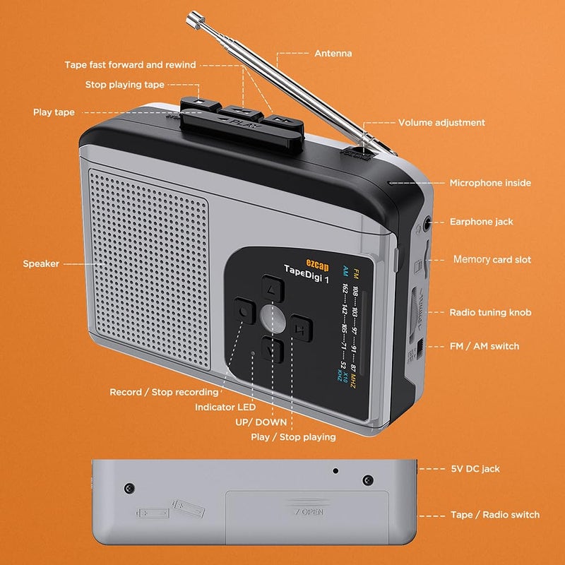 EZCAP234 Portable Cassette Recorder USB Tape to MP3 Player Music Converter AM FM Radio Black Gray - Image 3