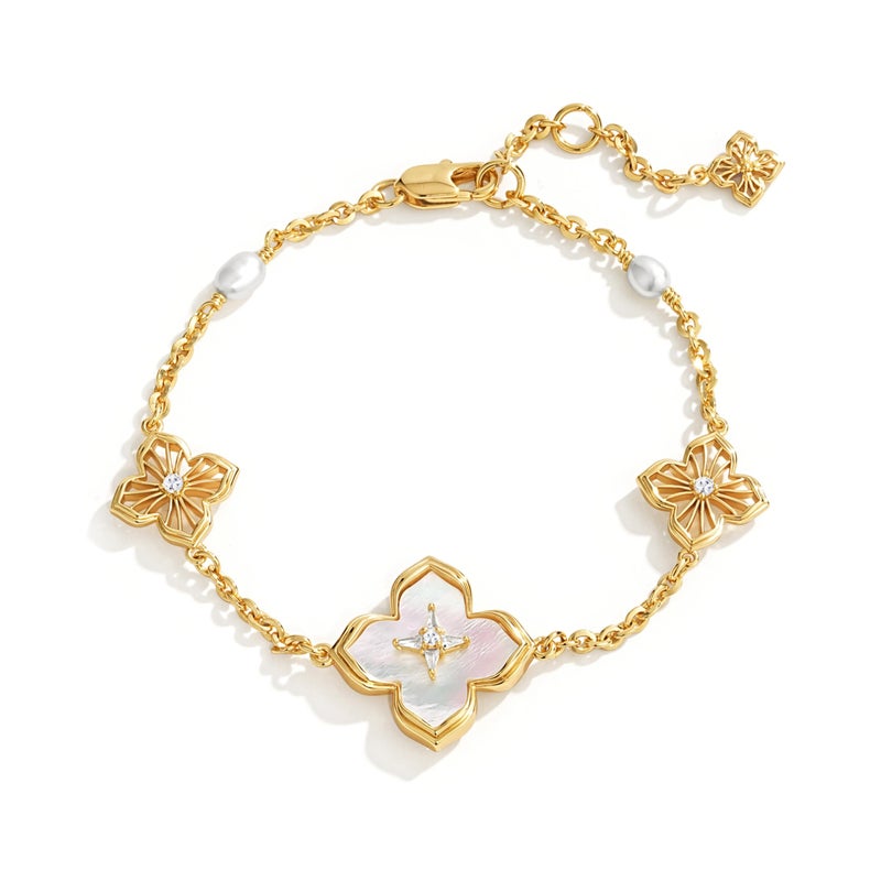 Fettero FETERO Gold Bracelets for Women Trendy, Dainty 14K Gold Plated Charm Clover Bracelet 2 Sided MOP Lucky Pendant Cute Pearl Beaded Bracelets Link Chain Waterproof Womens Jewelry Gifts - Image 1