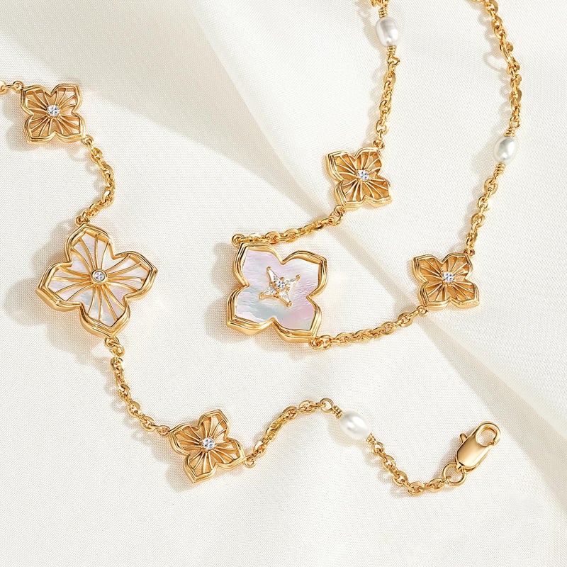 Fettero FETERO Gold Bracelets for Women Trendy, Dainty 14K Gold Plated Charm Clover Bracelet 2 Sided MOP Lucky Pendant Cute Pearl Beaded Bracelets Link Chain Waterproof Womens Jewelry Gifts - Image 4