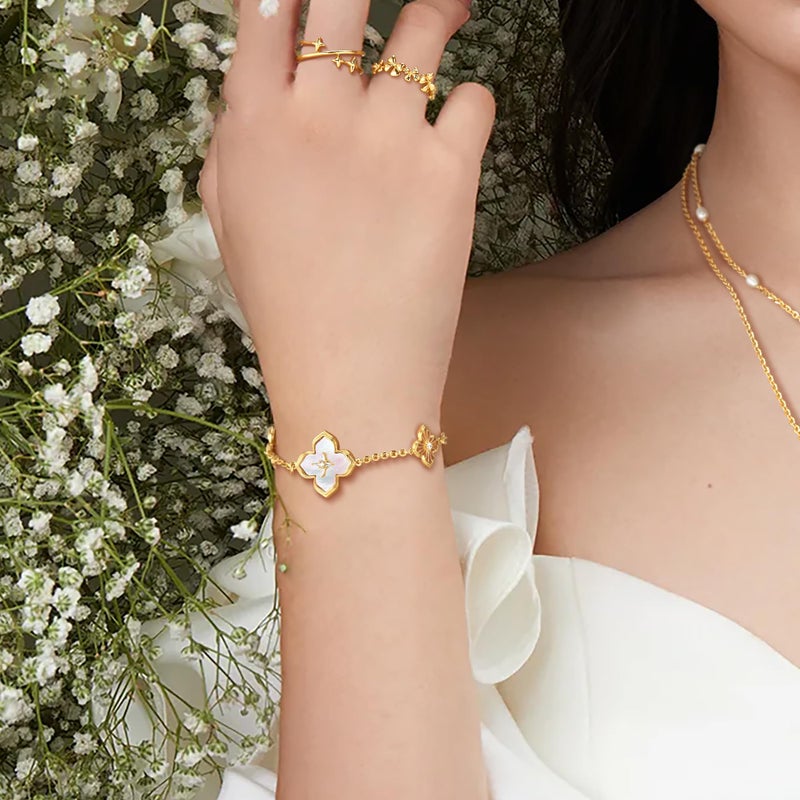 Fettero FETERO Gold Bracelets for Women Trendy, Dainty 14K Gold Plated Charm Clover Bracelet 2 Sided MOP Lucky Pendant Cute Pearl Beaded Bracelets Link Chain Waterproof Womens Jewelry Gifts - Image 2