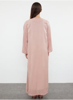 trendyol Dusty Rose Shiny Fabric with Pearl Detail Woven Cap & Abaya & Abaya TCTSS24KF00054  - Image 5
