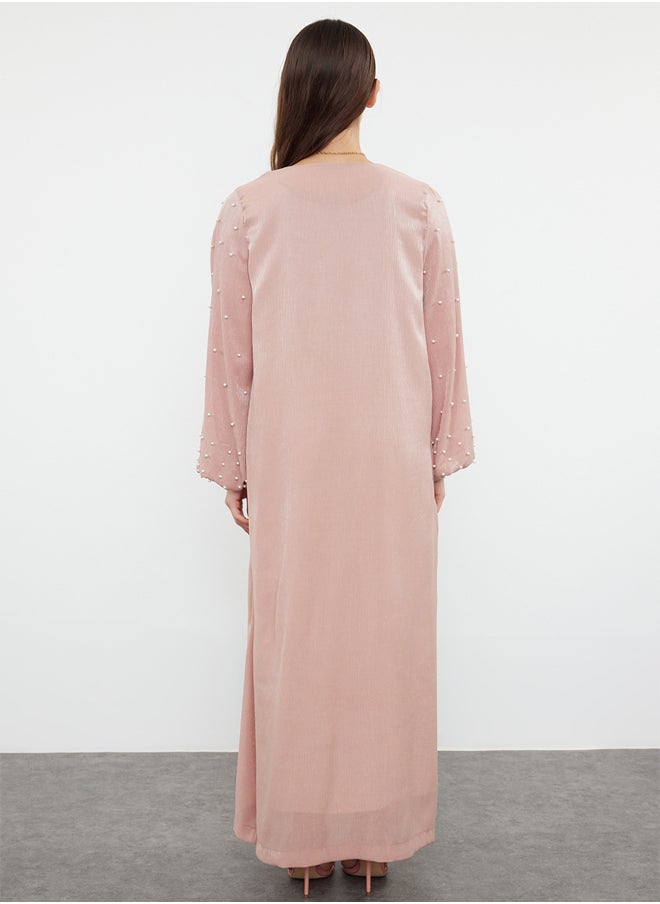 Dusty Rose Shiny Fabric with Pearl Detail Woven Cap & Abaya & Abaya TCTSS24KF00054