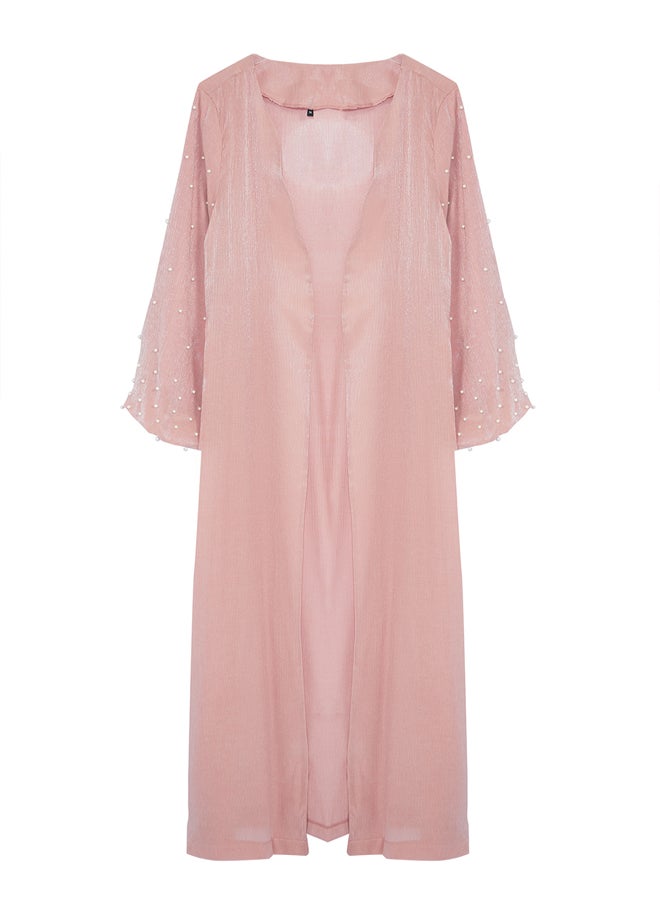 Dusty Rose Shiny Fabric with Pearl Detail Woven Cap & Abaya & Abaya TCTSS24KF00054
