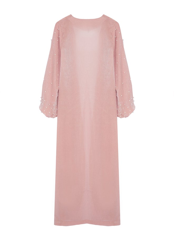 Dusty Rose Shiny Fabric with Pearl Detail Woven Cap & Abaya & Abaya TCTSS24KF00054