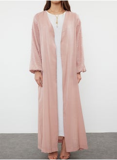 trendyol Dusty Rose Shiny Fabric with Pearl Detail Woven Cap & Abaya & Abaya TCTSS24KF00054  - Image 3