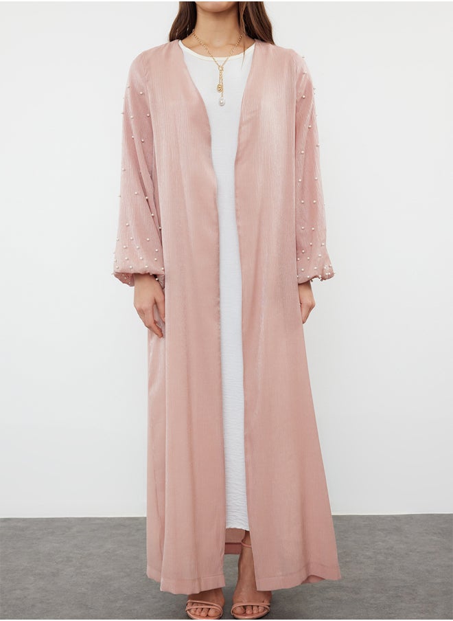 Dusty Rose Shiny Fabric with Pearl Detail Woven Cap & Abaya & Abaya TCTSS24KF00054