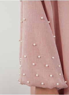 trendyol Dusty Rose Shiny Fabric with Pearl Detail Woven Cap & Abaya & Abaya TCTSS24KF00054  - Image 4