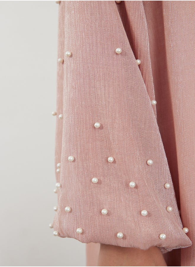 Dusty Rose Shiny Fabric with Pearl Detail Woven Cap & Abaya & Abaya TCTSS24KF00054
