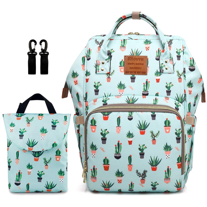MCWTH Cactus Green Diaper Bag Backpack Set for Baby Girls Mom, Large Bags with Nappy Pouch Stroller Straps - Image 1