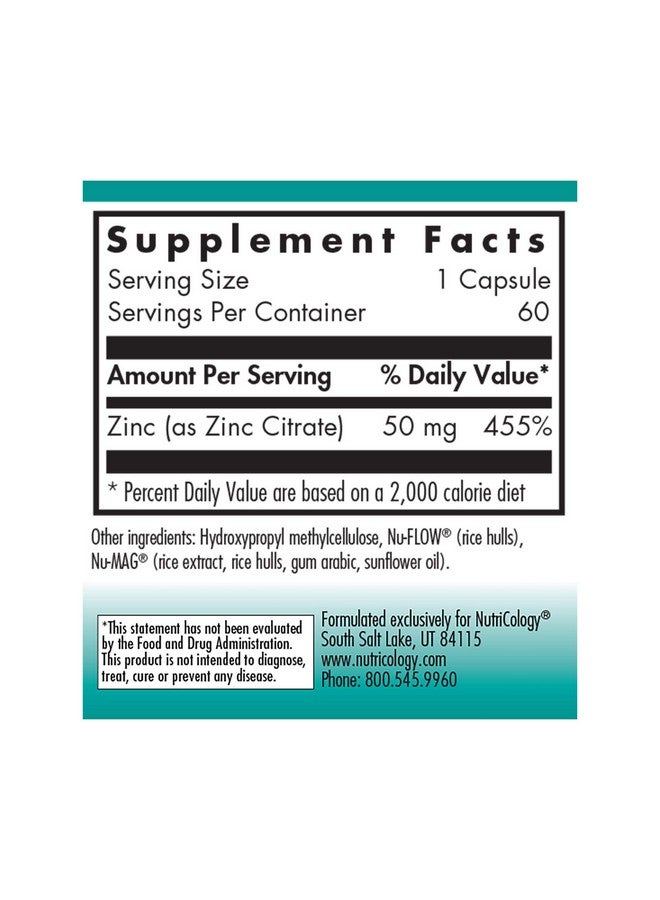 Nutricology Zinc Citrate Supplement - Zinc for Men & Women, Immune Support, Pure, Well-Absorbed, Well-Tolerated, Trace Mineral, 50mg Vegetarian Capsules - 60 Count - Image 2