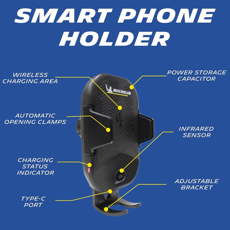 MICHELIN 33368 Wireless Car Phone Holder | Smart Smartphone Cradle | 15W Fast Charging Qi Certified | Infrared Automatic Clamping Dashboard Windshield Mount | Power Capacitor | Smart Device Accessory - Image 2
