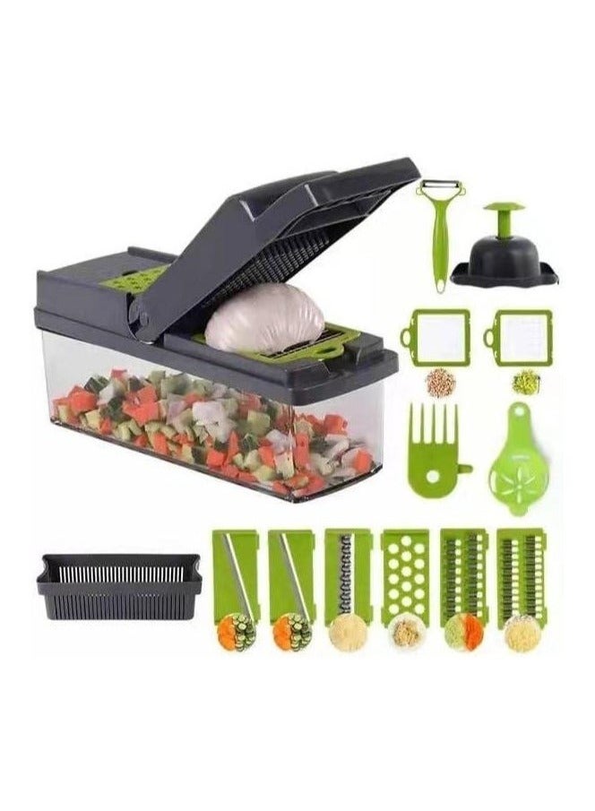 16 in 1 Multifunctional Professional Vegetable Onion Grater - Includes 8 Stainless Steel Blades to Easily Chop Vegetables, Onions, and Fruits, Comes with Storage Container and Cleaning Accessories, Perfect for Cutting Potato Chips and Preparing Meals in Different Shapes, Handheld Kitchen Tool to Meet All Your Cooking Needs - Potato Chips Grater and Slicer