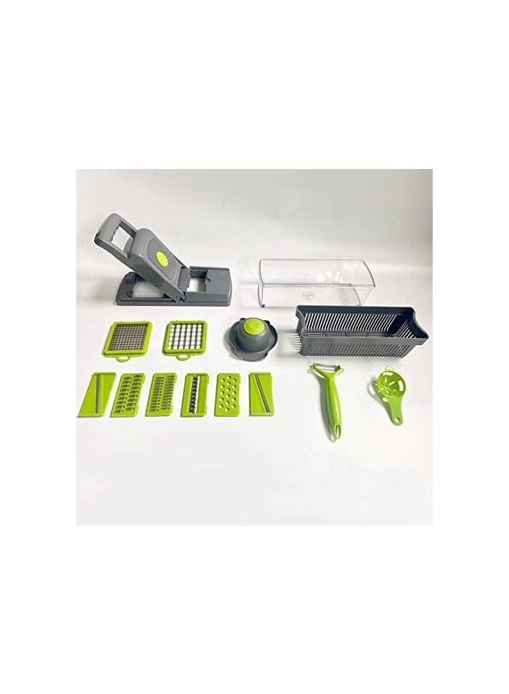 16 in 1 Multifunctional Professional Vegetable Onion Grater - Includes 8 Stainless Steel Blades to Easily Chop Vegetables, Onions, and Fruits, Comes with Storage Container and Cleaning Accessories, Perfect for Cutting Potato Chips and Preparing Meals in Different Shapes, Handheld Kitchen Tool to Meet All Your Cooking Needs - Potato Chips Grater and Slicer