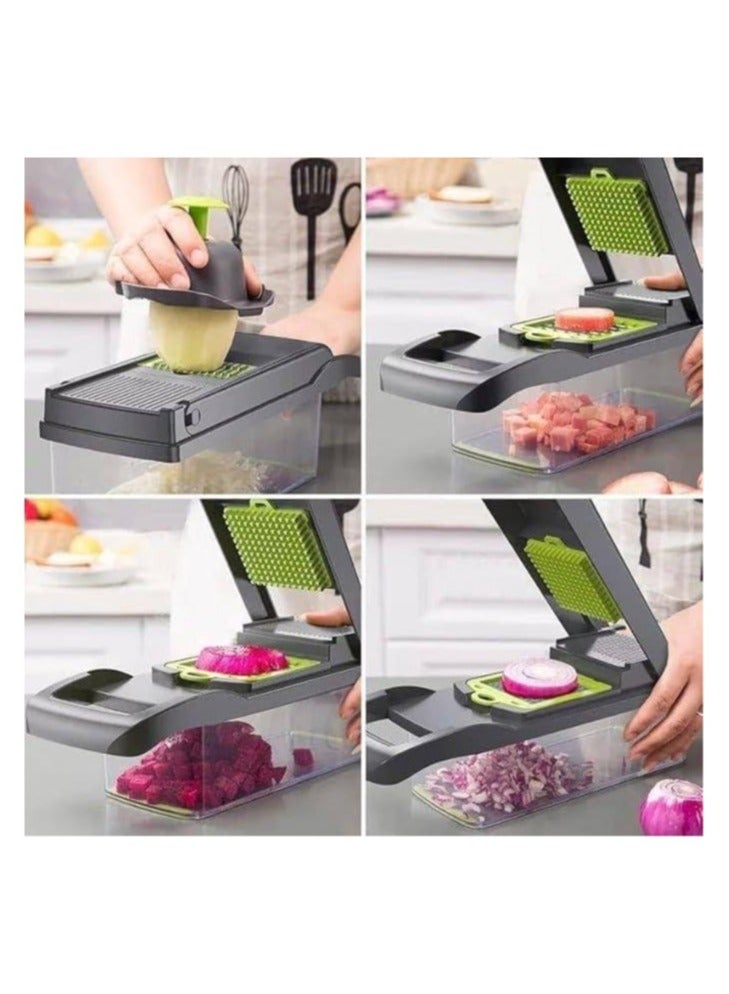 16 in 1 Multifunctional Professional Vegetable Onion Grater - Includes 8 Stainless Steel Blades to Easily Chop Vegetables, Onions, and Fruits, Comes with Storage Container and Cleaning Accessories, Perfect for Cutting Potato Chips and Preparing Meals in Different Shapes, Handheld Kitchen Tool to Meet All Your Cooking Needs - Potato Chips Grater and Slicer