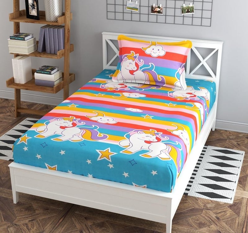 Gleeson 210 TC Polycotton Unicorn Cartoon Printed Flat Bed Sheets for Single Bed with 1 Pillow Covers|Bedsheets for Kids Room Good Night (60x90 Inch) Bed Sheets Single Size Bed Hypoallergenic - Image 1