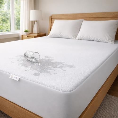 MY ARMOR Premium Ultra Soft Cotton Feel Mattress Protector Queen Size 78"x60", 6.5x5 feet, Double Bed Protector, Waterproof, Breathable, 2 Layer Protection, Hypoallergenic, Elastic Skirting - White - Image 1