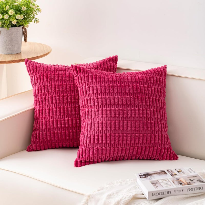 Aegero Pack of 2 Corduroy Decorative Throw Pillow Covers 20x20 Inch Soft Striped Pillow Covers Modern Farmhouse Home Decor for Sofa Living Room Couch Bed（Rose Red） - Image 1