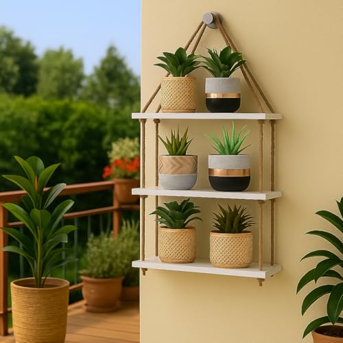 HomScape Wooden Rope Hanging Shelf – Boho Wall Decor, Indoor & Balcony Organizer, Sturdy Engineered Wood & Jute Rope Shelf for Plants, Books & Décor Wall Hanging (Without Pots) - Image 2