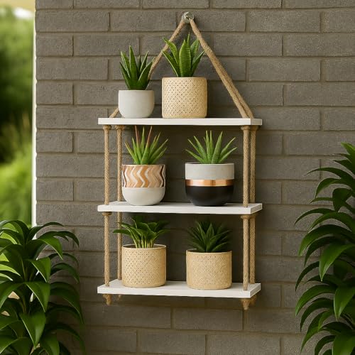 HomScape Wooden Rope Hanging Shelf – Boho Wall Decor, Indoor & Balcony Organizer, Sturdy Engineered Wood & Jute Rope Shelf for Plants, Books & Décor Wall Hanging (Without Pots) - Image 1