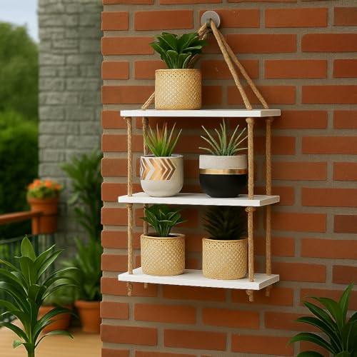 HomScape Wooden Rope Hanging Shelf – Boho Wall Decor, Indoor & Balcony Organizer, Sturdy Engineered Wood & Jute Rope Shelf for Plants, Books & Décor Wall Hanging (Without Pots) - Image 3