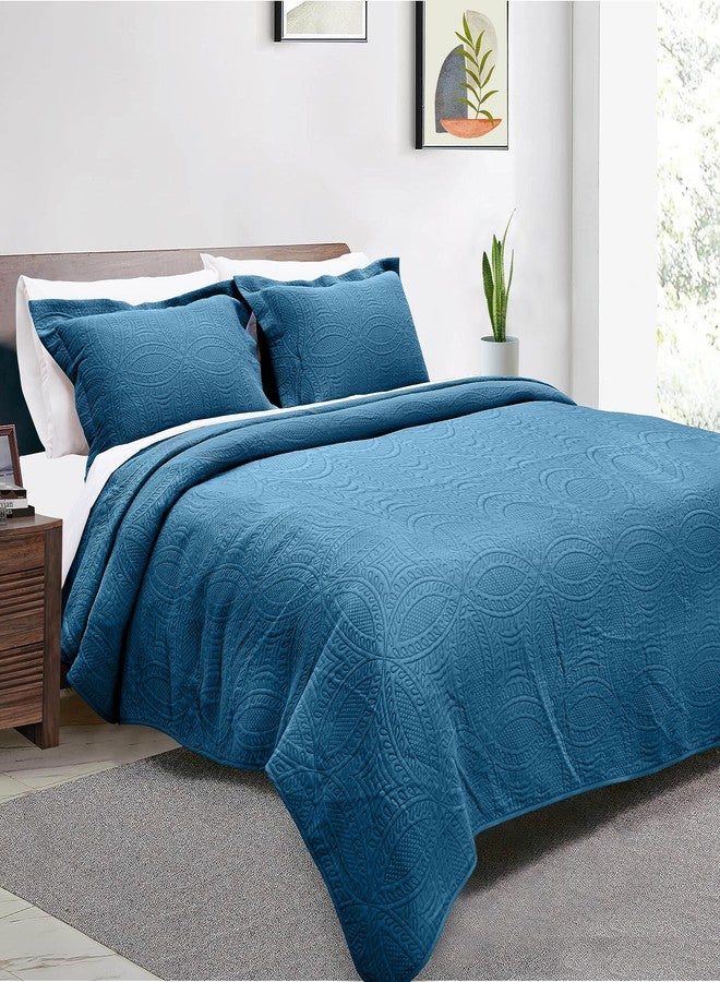 Threadmill طقم لحاف ثريدميل بحجم كينج - لحاف صيفي ناعم وخفيف الوزن من القطن والخيزران، مكون من 3 قطع - غطاء سرير بنمط دائري عصري مناسب لجميع الفصول - لحاف واحد و2 غطاء وسادة - لون أزرق فولكستون - Image 2