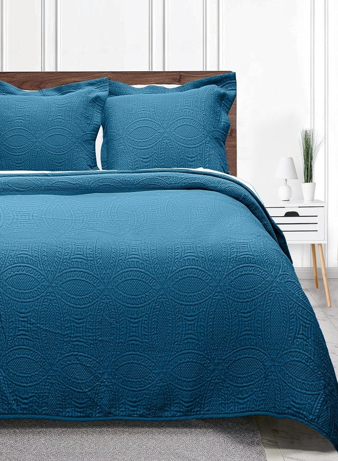 Threadmill طقم لحاف ثريدميل بحجم كينج - لحاف صيفي ناعم وخفيف الوزن من القطن والخيزران، مكون من 3 قطع - غطاء سرير بنمط دائري عصري مناسب لجميع الفصول - لحاف واحد و2 غطاء وسادة - لون أزرق فولكستون - Image 3