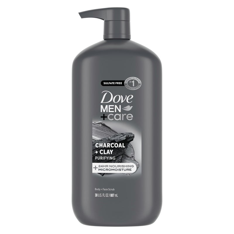Dove Men+Care دوف للرجال + العناية مقشر الجسم والوجه بالفحم + طين غسول الجسم للرجال مع تقنية الترطيب المصغرة المغذية لمدة 24 ساعة 30 أونصة - Image 1