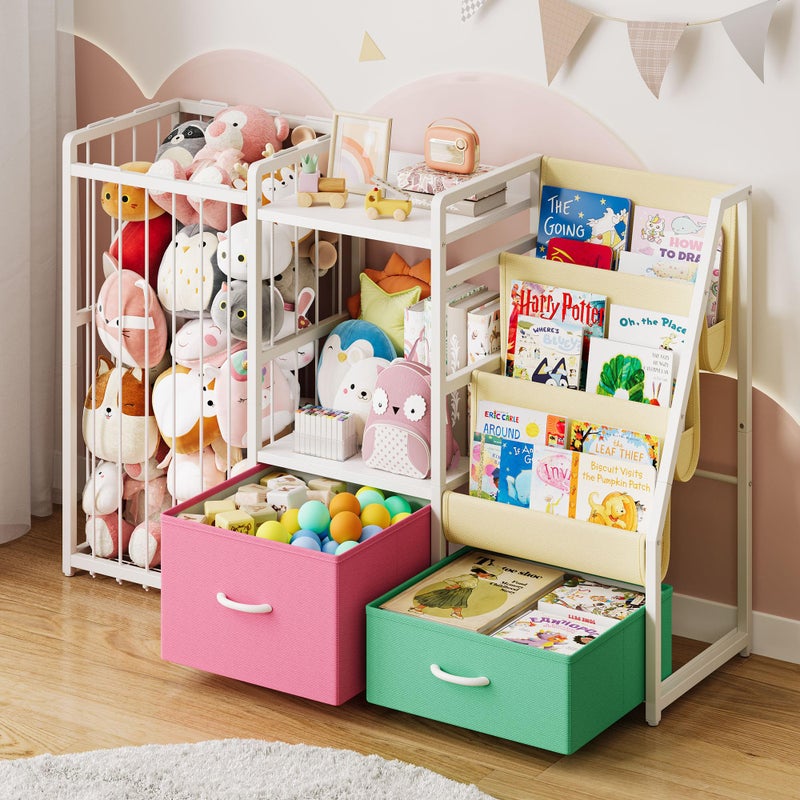 Twinkoo Kids Bookshelf and Toy Storage, Large 3 Tier Book Shelf for Kids Rooms, Sling Baby Bookcase with Stuffed Animal Storage, Toddler Montessori Bookshelf for Nursery, Playroom (Pink+Green) - Image 1