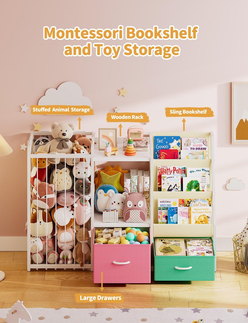 Twinkoo Kids Bookshelf and Toy Storage, Large 3 Tier Book Shelf for Kids Rooms, Sling Baby Bookcase with Stuffed Animal Storage, Toddler Montessori Bookshelf for Nursery, Playroom (Pink+Green) - Image 3