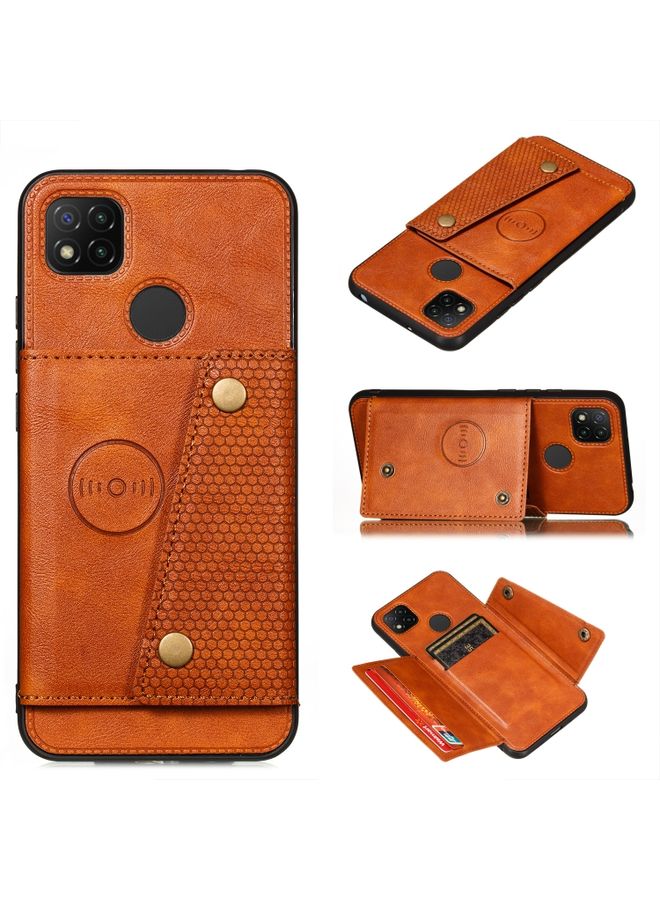 Case Cover For Xiaomi Redmi 9C Double Buckle PU + TPU Shockproof Magnetic Protective Case with Card Slot & Holder Brown