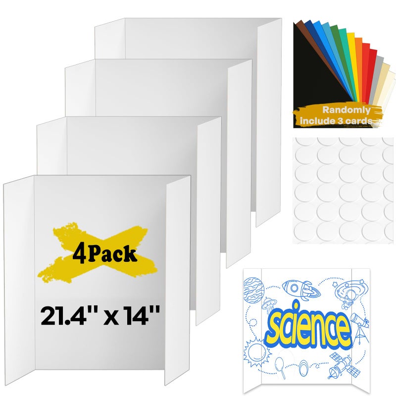 ISAIDNO 4 Pcs Small Trifold Poster Board, 21.4" x 14" Presentation Board, with Double Sided Tapes and Cardboard, White Corrugated Project Boards/Display Board for School Project/Science Fair Display Boards - Image 1