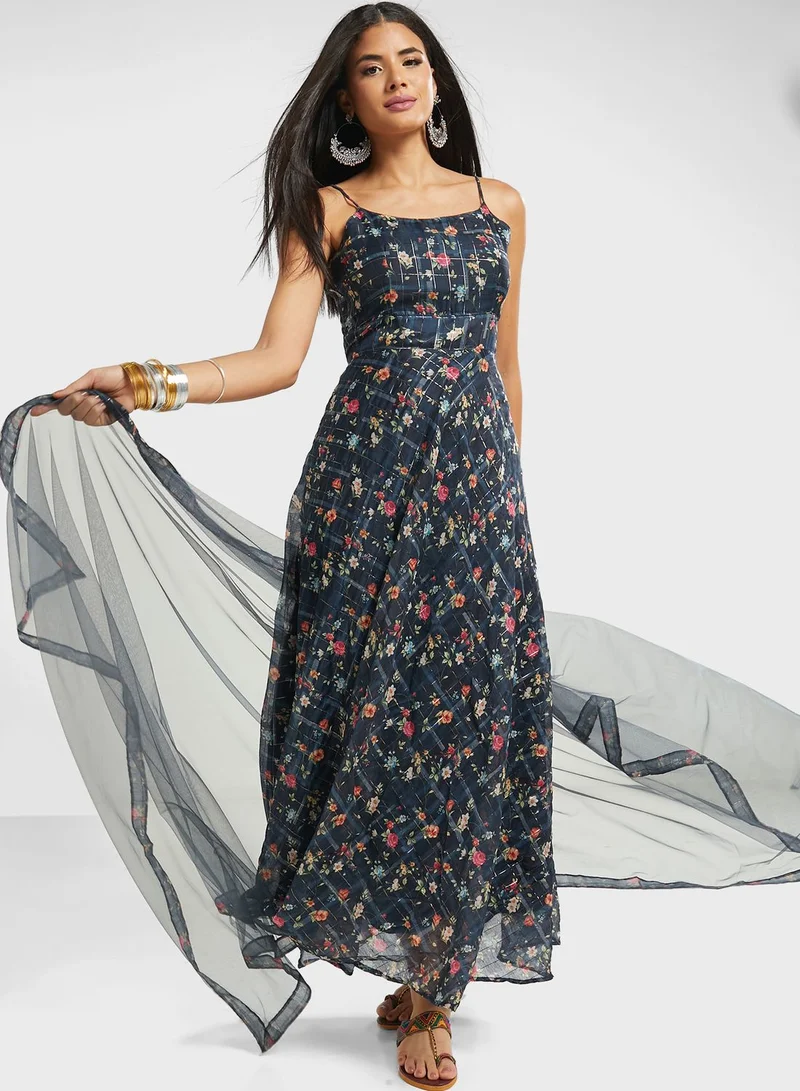 INDDUS Floral Print Anarkali Kurti With Dupatta
