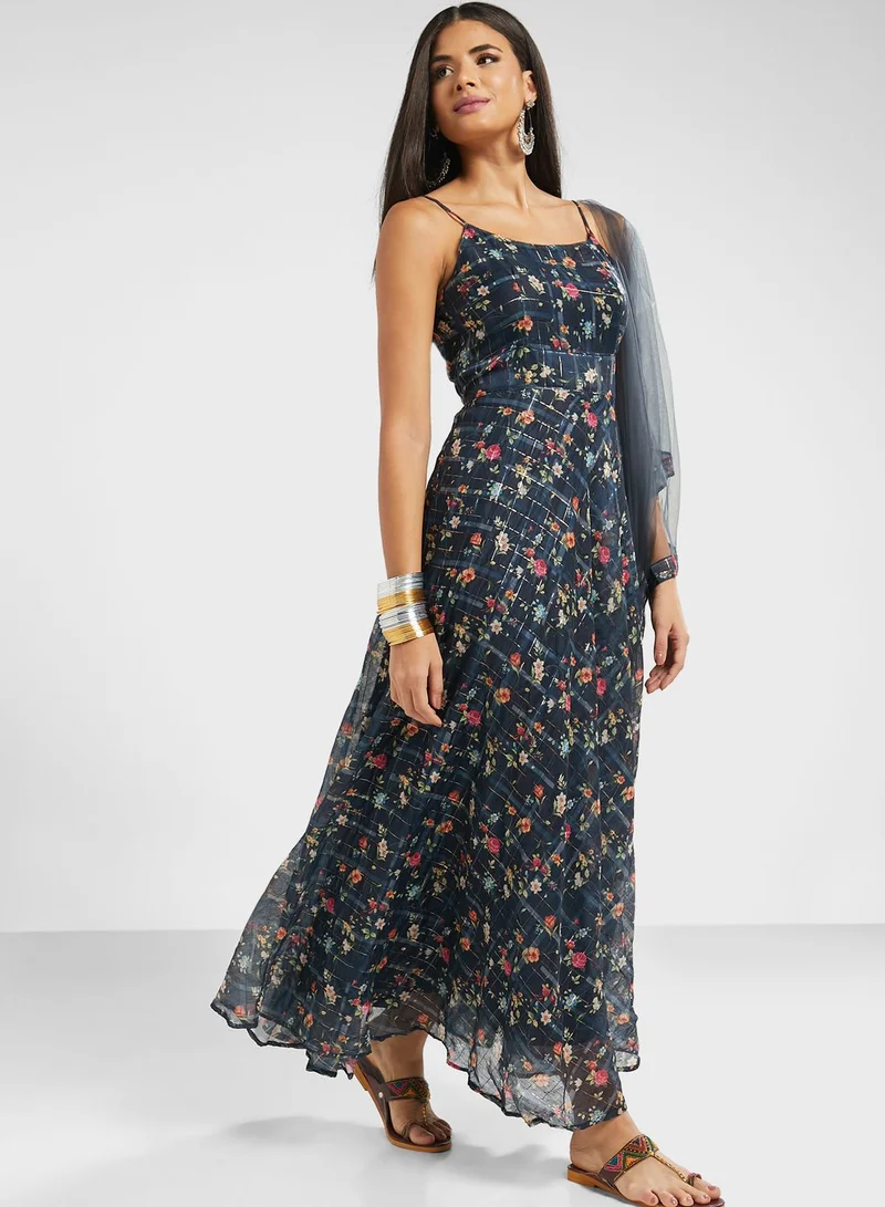 INDDUS Floral Print Anarkali Kurti With Dupatta
