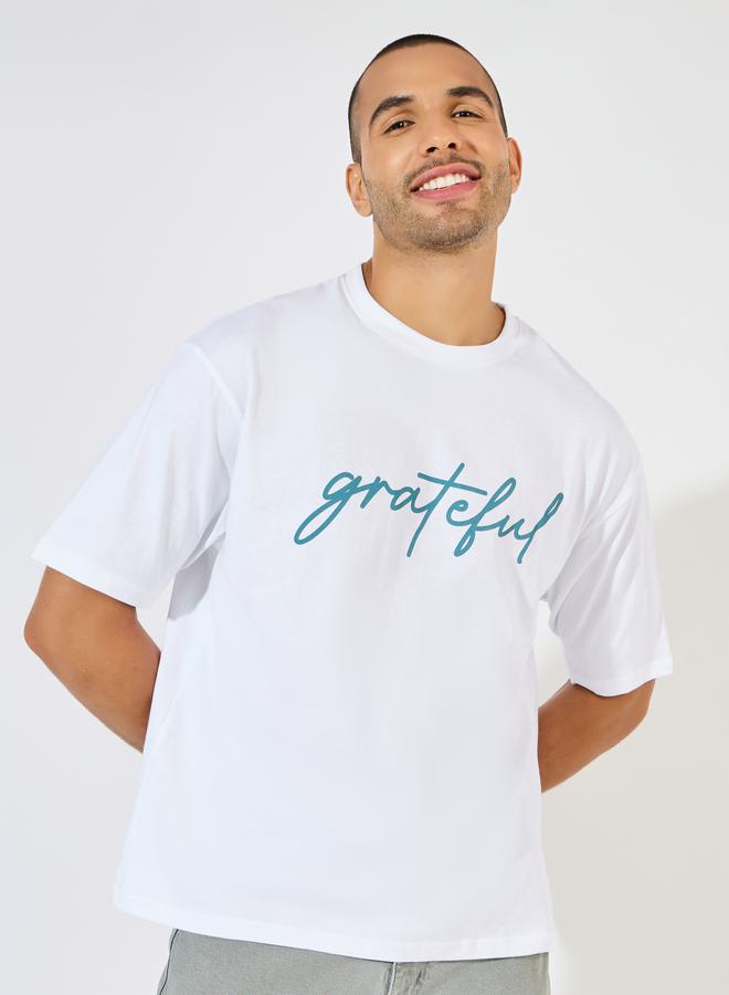 Styli Oversized Grateful Text Print T-Shirt  - Image 1