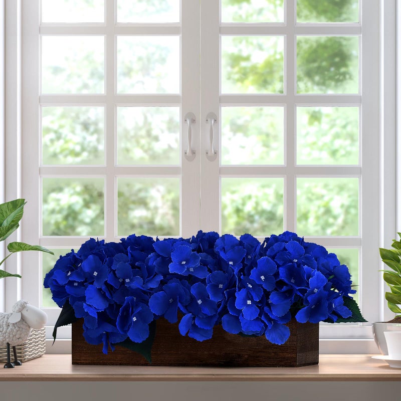 Scawim Flower Table Centerpiece  Artificial Hydrangea Arrangements Centerpieces Fake Flowers Decor Wood Tray With Faux Flower Wedding Bouquets Room Kitchen Farmhouse Indoor Office Partyy(Royal Blue) - Image 3