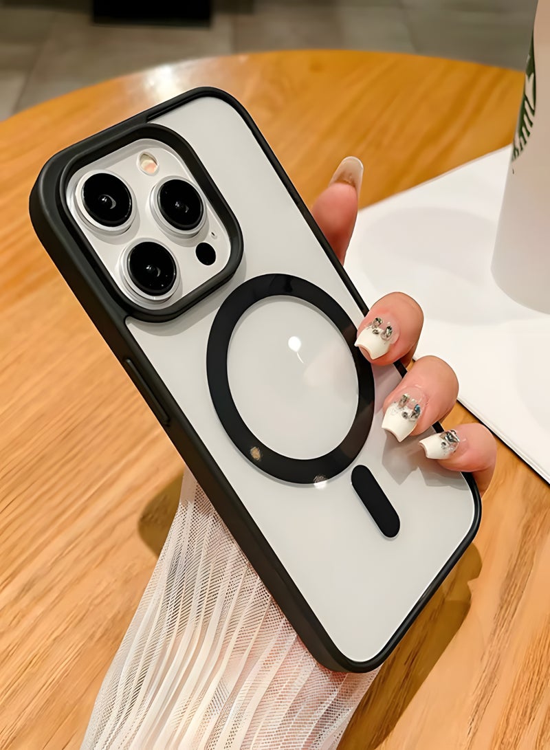 جراب لموبايل ايفون 15 برو ماكس ماج سيف شفاف يدعم الشحن اللاسلكي المغناطيسي، حماية ضد الصدمات، مقاوم للخدش لموبايل iPhone 15 Pro Max - أسود - Image 3