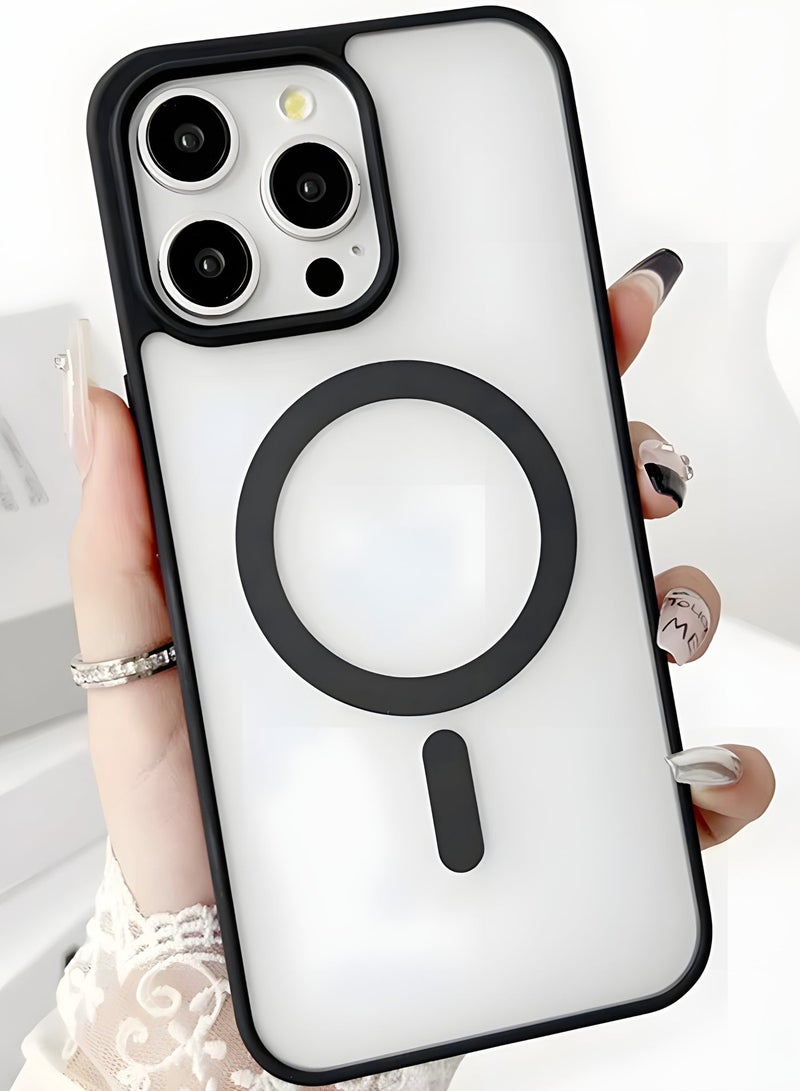 جراب لموبايل ايفون 15 برو ماكس ماج سيف شفاف يدعم الشحن اللاسلكي المغناطيسي، حماية ضد الصدمات، مقاوم للخدش لموبايل iPhone 15 Pro Max - أسود - Image 1