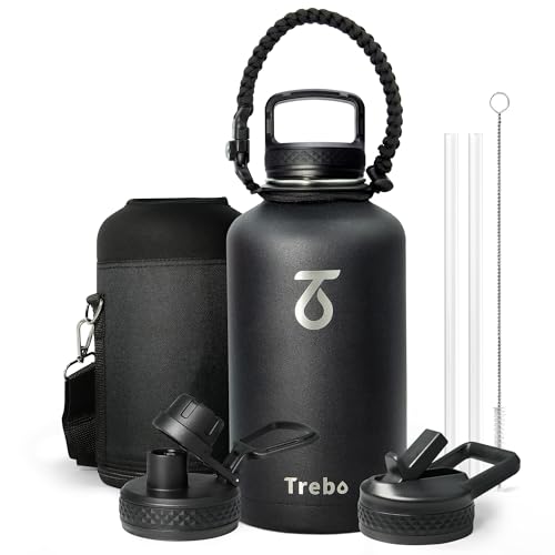 Trebo 64oz Water Bottle InsulatedLarge Stainless Steel Water Jug with 3 Lids Double Wall Vacuum Sports Thermos Keep Hot 24 Hours  Cold 48 HoursWide Mouth FlaskBlack