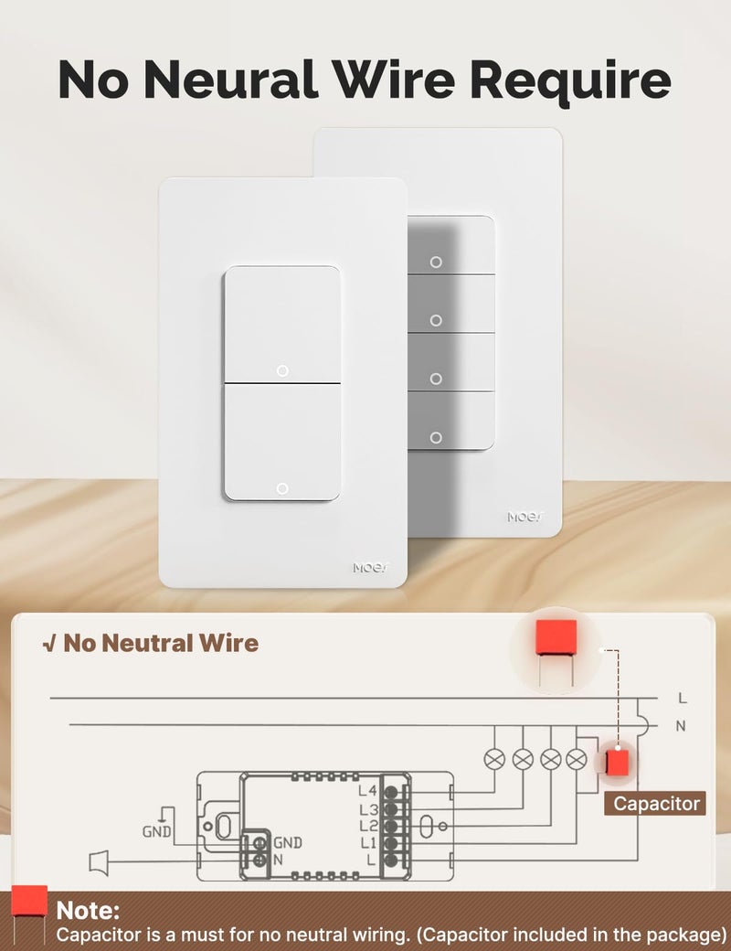 MOES Smart Double Light Switches, WiFi 2 Gang Single Pole Switch, No Netural Wire No Hub Required, 2.4GHz Switch Combo Compatible with Alexa Google Assistant - Image 2