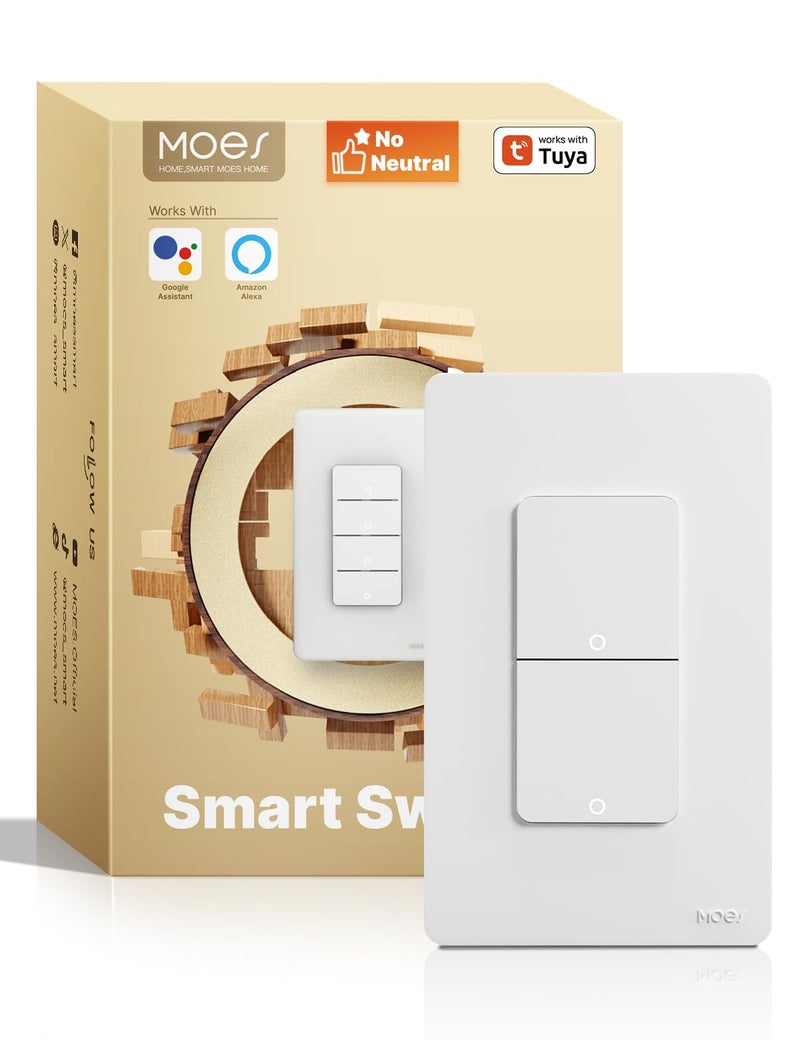 MOES Smart Double Light Switches, WiFi 2 Gang Single Pole Switch, No Netural Wire No Hub Required, 2.4GHz Switch Combo Compatible with Alexa Google Assistant - Image 1