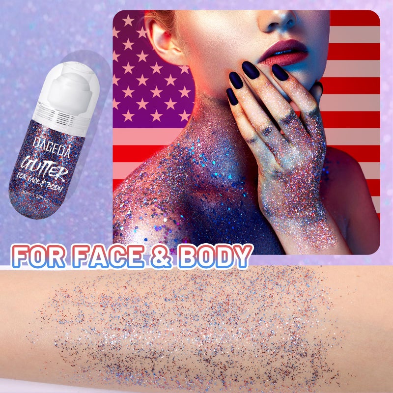 DAGEDA Red White and Blue Body Glitter Gel, Roll-on Face Glitter for USA Pride Day, 4th of July Women Costume Accessories,Patriotic Glitters President's Day, Holographic Festival Makeup - Image 2