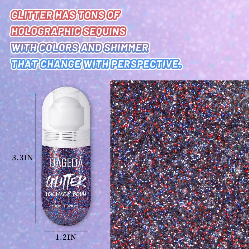 DAGEDA Red White and Blue Body Glitter Gel, Roll-on Face Glitter for USA Pride Day, 4th of July Women Costume Accessories,Patriotic Glitters President's Day, Holographic Festival Makeup - Image 4