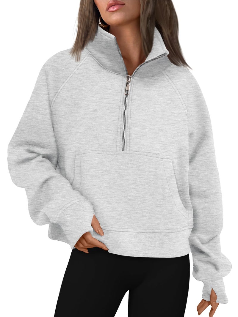 AUTOMET Womens Sweatshirts Half Zip Cropped Pullover Fleece Quarter Zipper Sweater Hoodies 2026 Fall Fashion Outfits Clothes Grey X-Large - Image 1